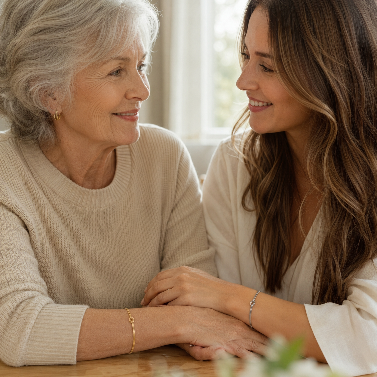 Grandmother and granddaughter wearing faithful MURREN Forever Bond bracelets